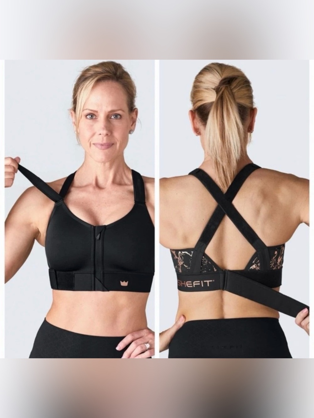 Shefit Flex High Impact Sports Bra Zip Front Black Rose Gold Adjustable 3Luxe 3X